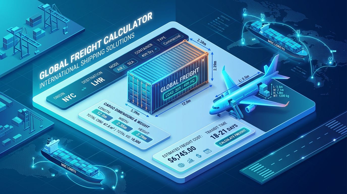 Isometric illustration of container freight dimensions used when classifying HS codes